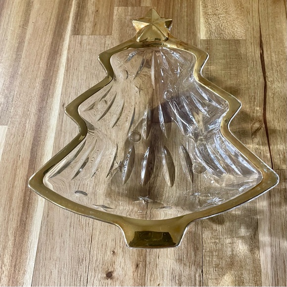 Vintage 1980s Christmas Tree Gold Rimmed Glass Candy Dish - Picture 2 of 7
